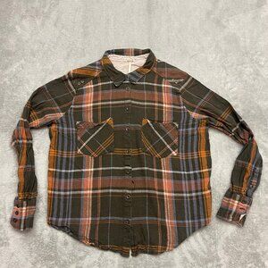 Free People Wesley Plaid Flannel Boyfriend Button Down Shirt Brown Womens Medium